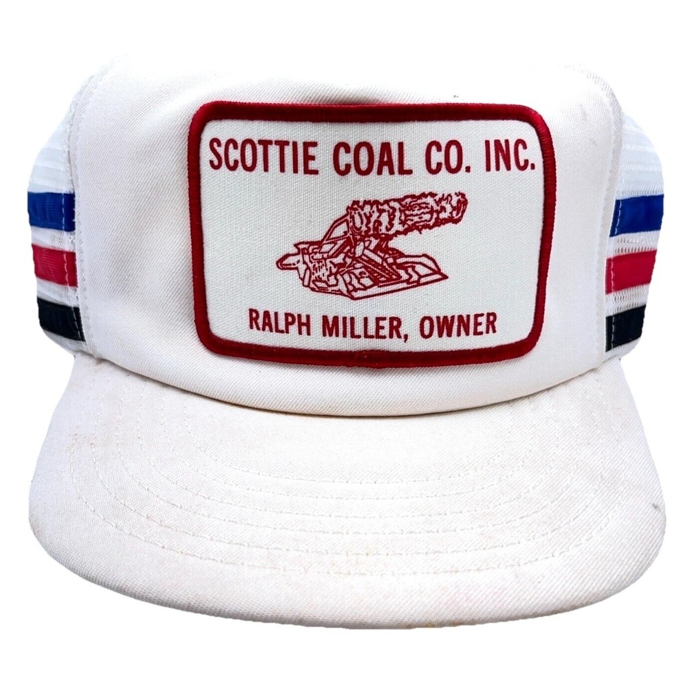 Vintage 3‎ Stripe Trucker Hat Cap Snap Back USA Patch 80s Scottie Coal Mining